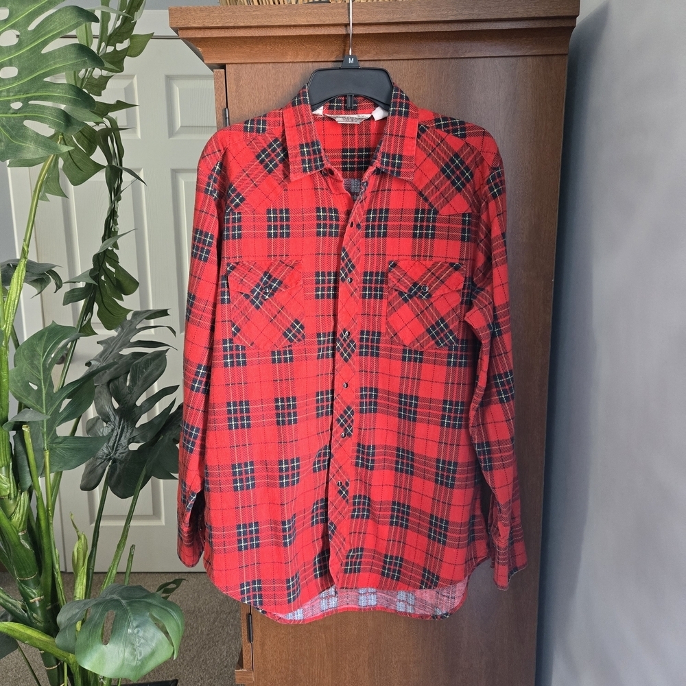 Sears Red and Black Plaid Button Down Shirt